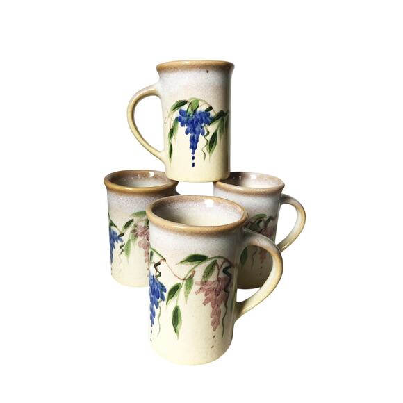 Emerson Creek Pottery Set of 4 Mugs Blue Pink Wisteria Pattern - Picture 1 of 5